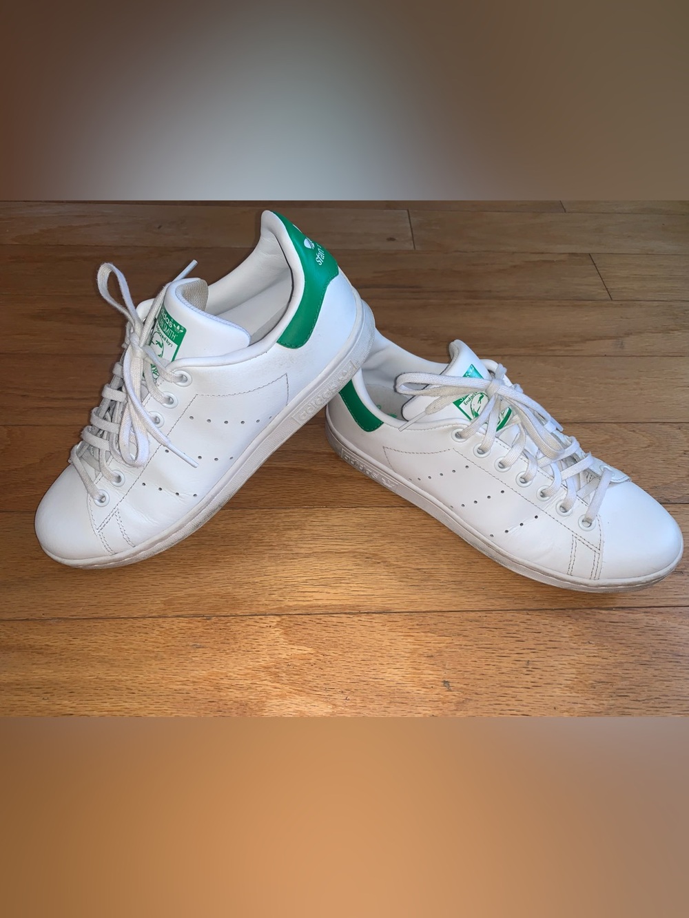 adidas Stan Smith White Sneakers with Green Heel Tab and Tongue